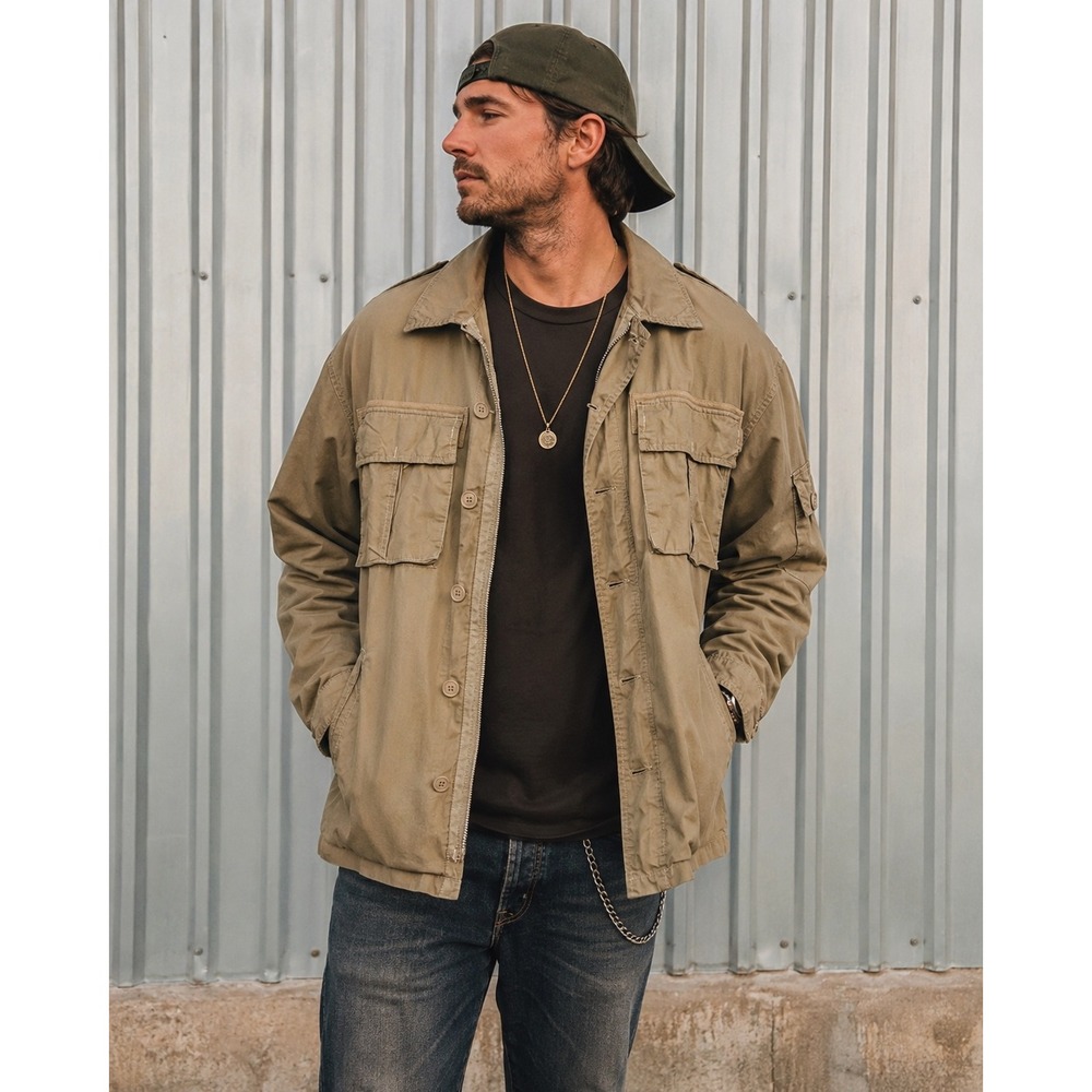 Vintage Y2K Mens XL Khaki Utility Field Jacket Military Cargo Safari Cotton 2000